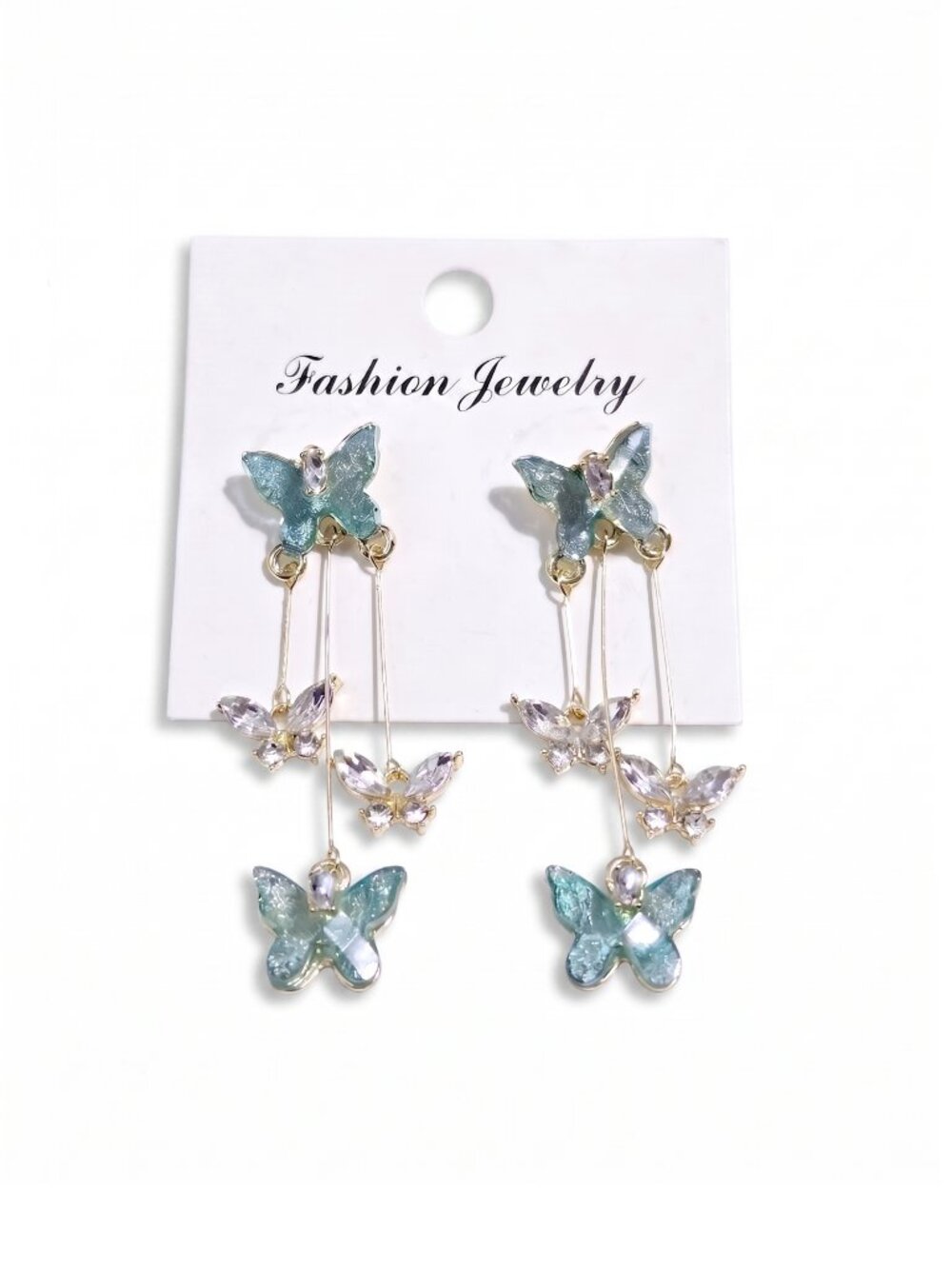 3\$20 NWT Teal & Crystal Butterfly Multi Drop Statement Earrings Whimsical Gold